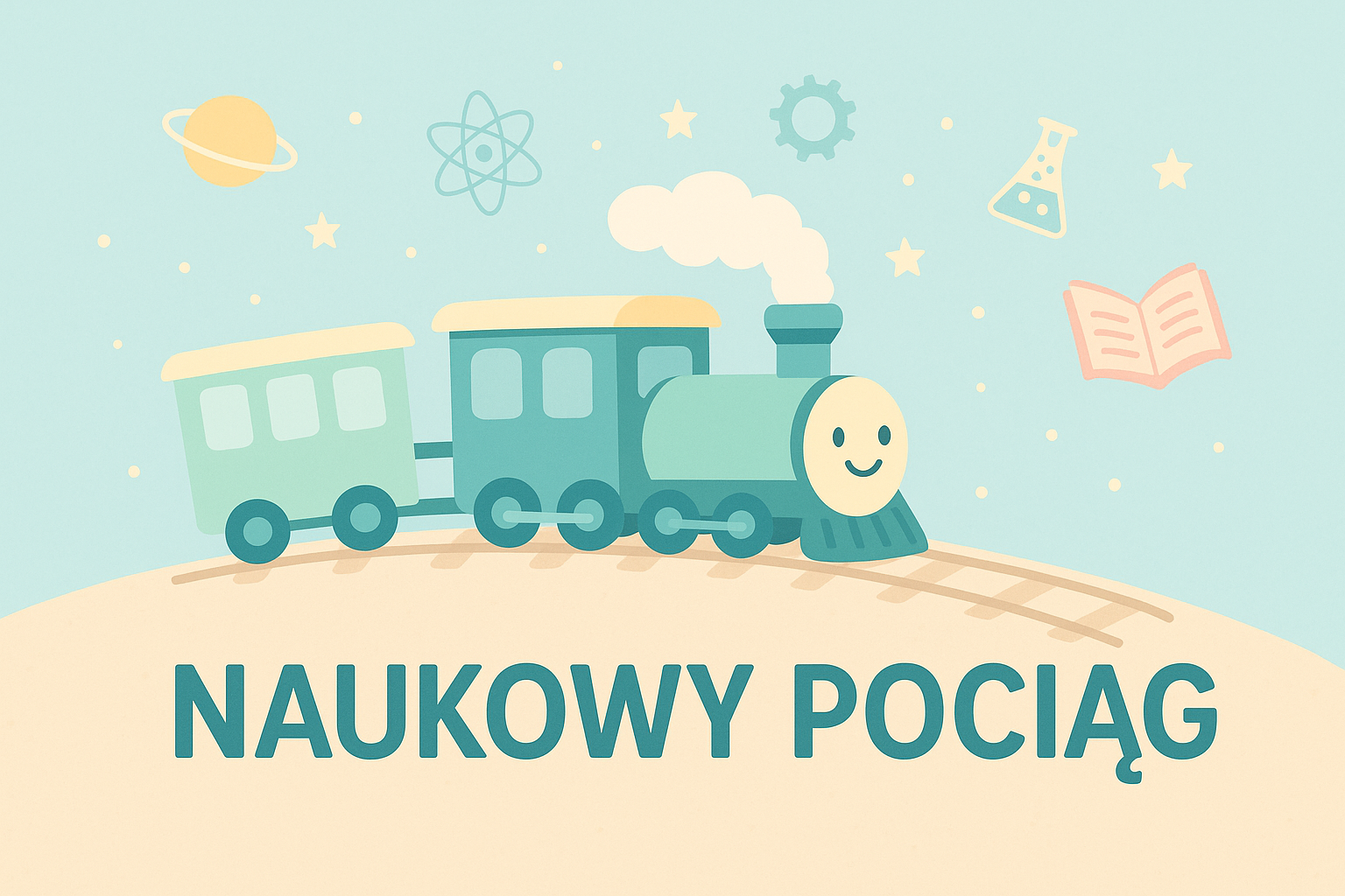 Naukowy Pociąg — dziecięca grafika z pociągiem i symbolami nauki